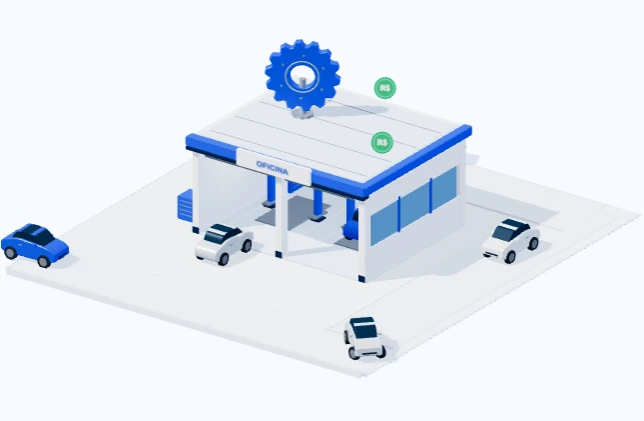 Cena ilustrativa de uma oficina conectada à busca de clientes, ao atendimento e ao próximo serviço